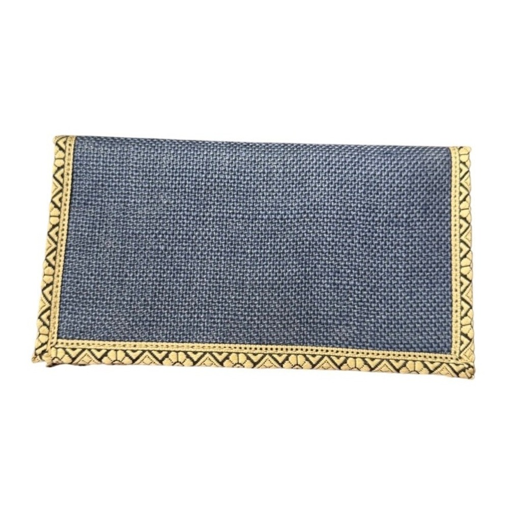 Jute Cottage Blue Jute Long Wallet Boho Geometric Trim Velcro Tri-Fold Organizer